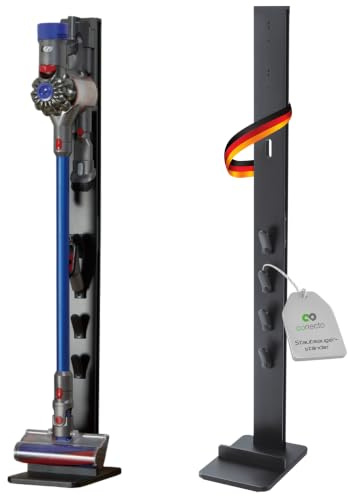 conecto Staubsauger Ständer Halterung universal kompatibel mit Dyson V6, V7, V8, V10, V11, V12, V15, Gen5, Bodenständer, Zubehör Halter, Schwarz | Freistehender Bodenständer mit stabiler Bodenplatte für platzsparende Aufbewahrung von Staubsauger und Zubehör.