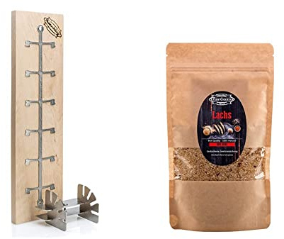 Axtschlag Flammlachsbrett Essential Line Birkenholz extrastark, 4-Fach & BBQ Rub Lachs, für einen einzigartigen Geschmack von Fleisch, Fisch und Gemüse, 250g Trockenmarinade, wiederverschließbar