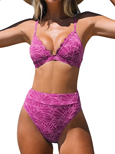 CUPSHE Bikiniset för kvinnor baddräkt hög midja skulpterad v-hals två delar baddräkt, Röd, L