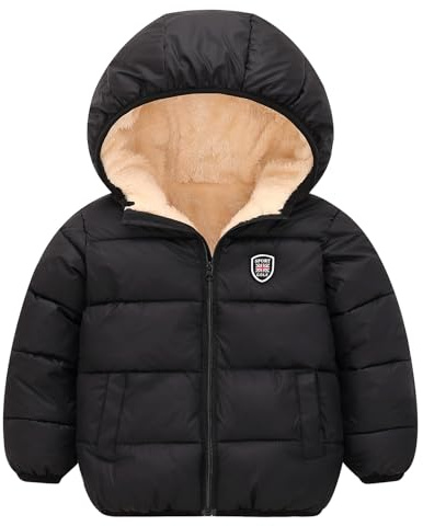 Maeau Babyvinterjacka, fodrad med huva, quiltad jacka, lätt, småbarn, flickor, pojkar, rockar, kort av dunbomull, fleecejacka, vadderad varm, 12 månader–5 år/90–130 cm, 01 svart, 18-24 månader