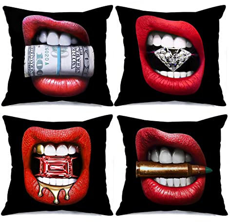 Tucocoo – Lot de 4 housses de coussin carrées décoratives imprimées lèvres rouges sexy de femme, dollars et diamants, pour canapé, lit, voiture, salon, 45 x 45 cm
