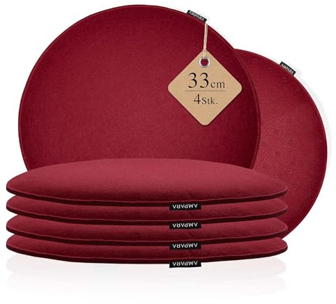4er Set Stuhlkissen rund 33 cm - Rutschfest & Edel - Sitzkissen Filz rund | Farbe Weinrot - Passend für Stuhl, Bank, Hocker etc - Wohnzimmer, Esszimmer, Büro uvm.