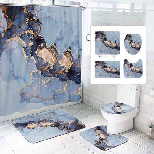 SMchwbc Marmor Duschvorhang Set 180x180 180x200 Schwarz Gold Grün Muster Textil Polyester Shower Curtains Badezimmerteppich 4-teiliges Set (200 x 240 cm(BxH),10)