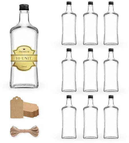 Espirito Rebelde 10 bottiglie in vetro da 200 ml con tappo a vite nero + 10 etichette Kraft + spago - bottiglia per liquori e liquori: Tequila, Rum, Gin, Whiskey - ideali per souvenir