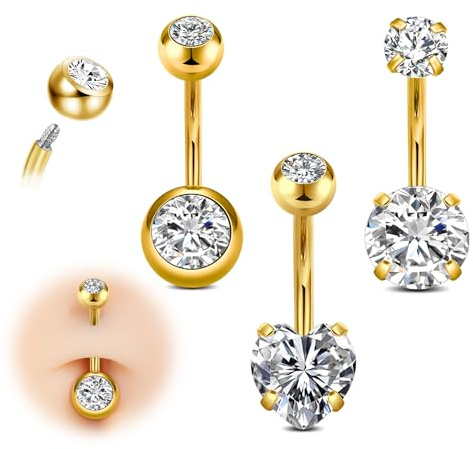 AVYRING Lot de 3 barres de nombril en acier chirurgical 14 g, barres de nombril en argent ou or de 10 mm avec zircon rond et cœur, hypoallergéniques, pour femmes et filles, Acier inoxydable