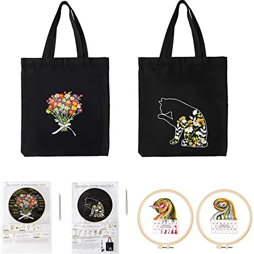 Sticksets, handgestempelte Stickerei, 2 Stück, Segeltuchtasche, Stickrahmen, Fäden, Nadeln, DIY-Einkaufstasche, Handsets mit niedlichem Katzen- und Blumenmuster und Anleitung, Kunst- und Bastelbedarf,