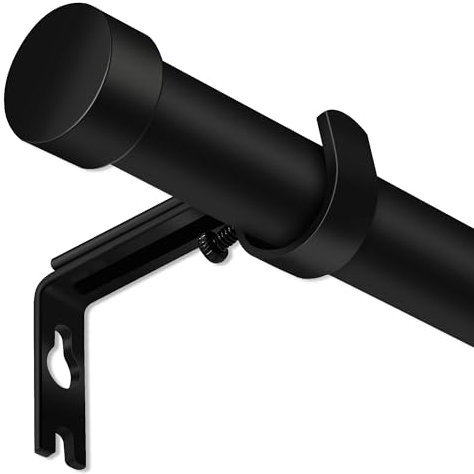 BANJILI Tringle à rideaux décorative, réglable, en acier inoxydable, avec pommeaux à capuchon, supports et kit de ferrures, 25 mm de diamètre, pour chambre à coucher (Noir, 76-223CM(Φ25CM))