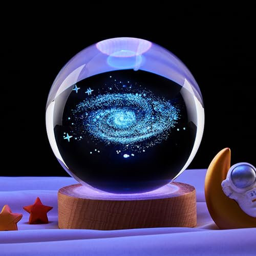 HeZhiNing er Bambini a Forma di Sfera in Vetro, Base a LED con 7 Luci che Cambiano Colore, Decorazione in Cristallo Regali (Galassia Della Via Lattea)