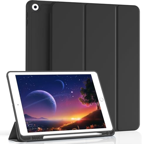 MUDROCK Hülle für iPad 9. 8. 7. Generation 2021 2020 2019, Schwarz | Schutzhülle mit Stifthalter für iPad 10,2 Zoll 9/8/7 Gen, Weiche Silikon-Hülle, Automatischer Schlaf/Aufwachen