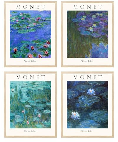 Claude Monet Wandkunst-Set, gerahmte Kunstposter, blaue Seerosen, Bilder, berühmte Gemälde, Wanddekoration für Badezimmer, Wohnzimmer, 4 Stück