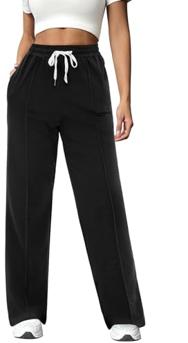 Crewhpo Pantaloni Sportivi Donna Cotone Vita Alta con Tasche e Coulisse | Tessuto Morbido, Leggera Elasticità, Vita Elastica, Coulisse in Tessuto, Tasche Laterali, Gamba Dritta, Casa Sport Relax