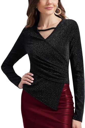 MISS MOLY Damen Pailletten Oberteil Langarmshirt V-Ausschnitt Festliche Glitzer Tops Party Clubwear Bluse