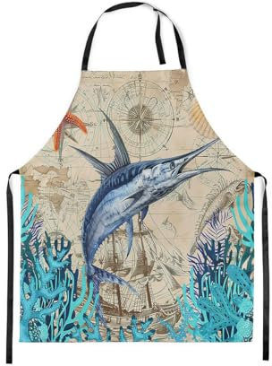 Loussiesd Marlin Schwertfisch Schürze für Köche Kochen Ozeanfisch Kochschürze für Jugendliche Natürliches Thema Kochen Küche Wasserdicht Küchenschürze Nautische Angeln und Jagd Grillschürzen