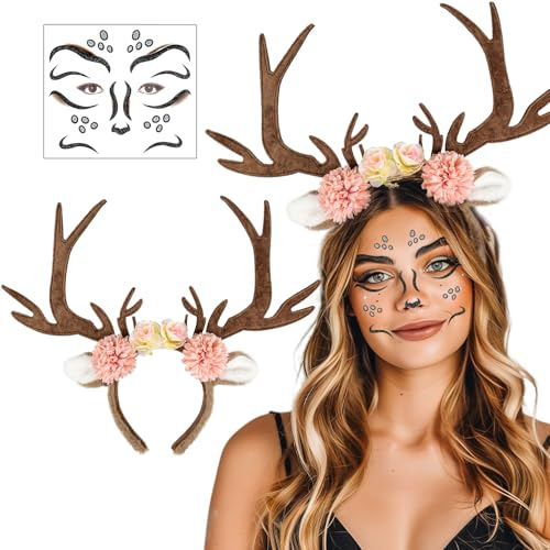 iZoeL Karneval Kostüm Damen Mädchen, Haarreif Reh Geweih Hörner Rehohren mit Blumen Gesichtstattoo, Damen Kinder Reh kostüm Kopfschmuck Haarreifen Fasching Mottoparty Halloween Kostüm