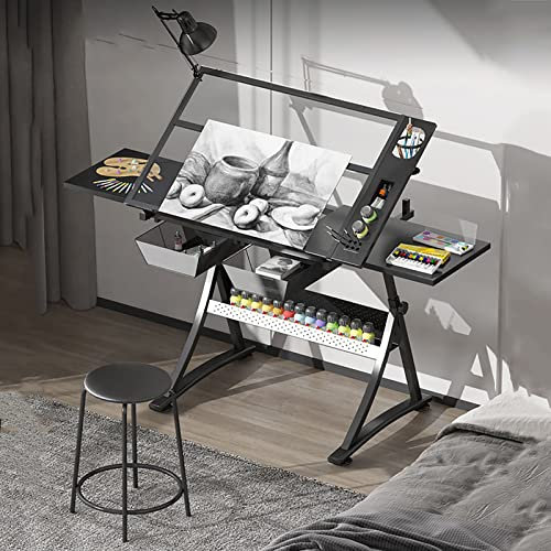 BOSHYUM Zeichentisch mit Platte aus gehärtetem Glas und 2 Schubladen/ausziehbarer seitlicher Arbeitsplatte/Hocker, höhenverstellbarer/neigbarer Künstler-Zeichentisch, für Grafikdesign, Zeichnen, Mal