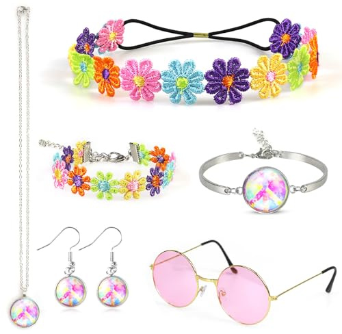 Oerphh 7 Stück 70er Hippie Flower Power Accessoires Hippie Kostüm Set mit Halskette,Ohrringe,Stirnband,Armband,Sonnenbrille,60er 70er Jahre Bekleidung Damen für Disco Party,Cosplay