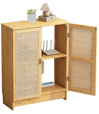 Jueraori WiFi Router Storage Cabinet with Adjustable Shelves, No Back Panel | 2-Tier Bamboo Rattan Standing Modem Organizer Box for Home, Office, 27.6 x 19.7 x 9.8