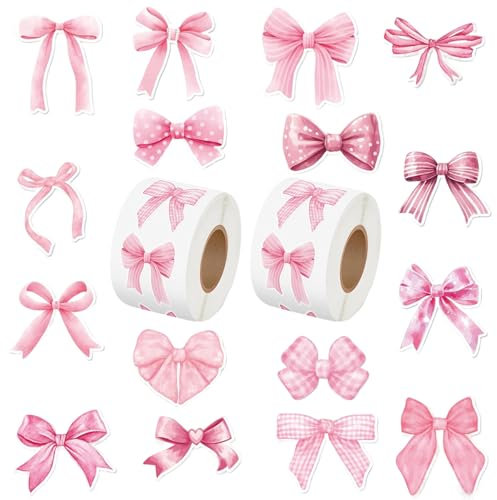Pink Bows Sticker Roll, 1000Pcs Self-Adhesive Waterproof Cute Stickers, Pink Bows Stickers for Scrapbook, Water Bottles, Laptops Gift