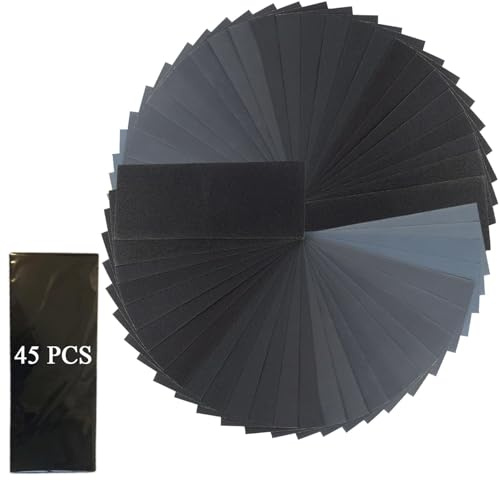 45 Sheet Wet Dry Sandpaper, Wet and Dry Sandpaper for Cars Polishing Metals Walls Wood Furniture Sanding, High Grit Sand Paper, 120 to 3000, 5000, 7000 Assorted Grit Sandpapers, 9X3.6 Inches