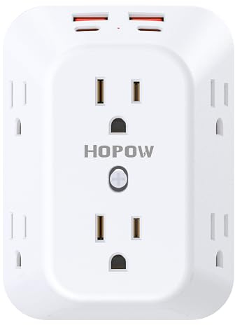 HOPOW Outlet Extender Surge Protector, 6 Outlet Splitter with 4 USB Ports (2 USB C), USB Wall Charger, 3-Sided 1050J Multi Plug Wall Outlet, Wall Mount for Home Travel Office Travel, White