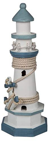 CBK-MS Leuchtturm 30 cm mit Tau + Anker blau/weiss LED Beleuchtung wunderschöne maritime Deko für Wohnung Tisch oder Fenster