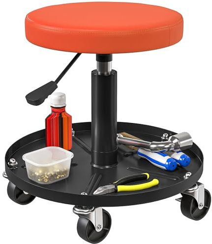 HOMCOM Tabouret d'atelier à 5 roulettes pivotantes 360°, Tabouret de mécanicien Hauteur réglable 38-50 cm, siège d'atelier avec Plateau à Outils, Charge Max 135 kg pour Garage, Orange