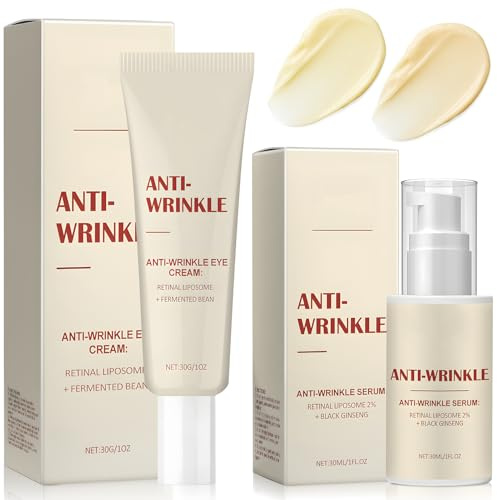 Set Retinol Puro para la Cara, Serum Retinol + Contorno de Ojos, Contorno de Ojos Antiarrugas Mujer con Granos Fermentados, Crema Anti Ojeras y Bolsas para el Cuidado de las Arrugas