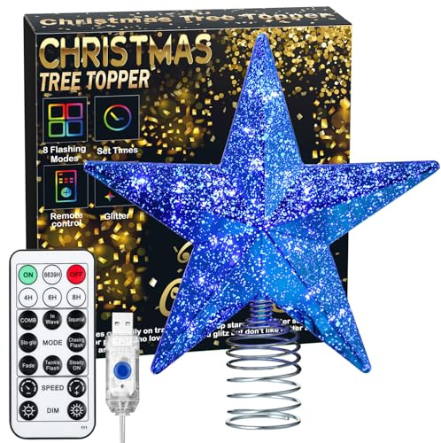 Blaue Weihnachtsbaumsternspitze mit Lichtern, 8,5 Zoll beleuchtete Weihnachtsbaumspitze mit Fernbedienung, 4 Helligkeitsstufen & 8 Lichtmodi, Faux Mercury Glitter Design mit 20 Lichtern