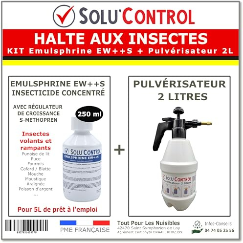 HALTE AUX INSECTES - Kit complet : Insecticide Concentré pour 5 LITRES - Volants et rampants - avec régulateur de croissance S-Methopren - EMULSPHRINE EW++S 250 ml + Pulvérisateur de 2L