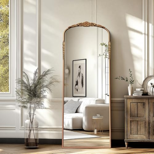 G-LEAF Bogen-Wandspiegel, Antiker Spiegel im Barockstil, 165cm x 60cm, Metallrahmen mit Perlenverzierung, großer moderner Spiegel für Eingangsbereich, Badezimmer oder Schlafzimmer, Bronze Gold