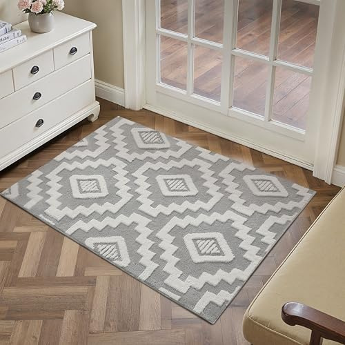 PureCozy Alfombra pequeña de 60 x 90 cm en la entrada, lavable, alfombra interior de pelo corto, mullida, suave, antideslizante, moderna, para entrada, pasillo, dormitorio, cocina, gris y blanco