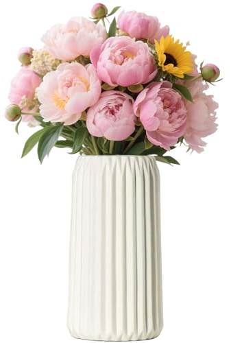 GKSCXEXE 20cm Keramik Vase Weiße, Modern Blumenvase für deko Aesthetic | Weiße Matt Gerippte Vasen für Pampasgras, Einfach Nordic Stil Deko Vase für Wohnzimmer, Esstisch, Zuhause, Büro Dekoration