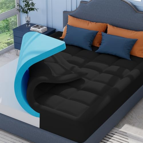 ELEMUSE Schwarz Matratzen Topper 140x200cm H3 Gel Topper mit Waschbarem Flauschigem Bezug und Gelschaum, 7CM Höhe Weicher und Bequemer Matratzentopper für Boxspringbett und Unbequeme Betten Schlafsofa