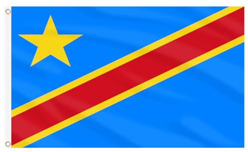 AhfuLife Drapeau du Congo DR 90 x 150 cm 1 Pièce Drapeau National de la République Démocratique du Congo Grand Drapeau Bleu avec Rayures Rouge Étoile Jaune pour Coupe du Monde, Fête Nationale Fête