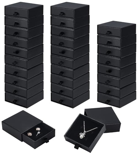 GLASSWINDS 30Pcs Black Jewelry Gift Boxes, 3.1x3.1x1.2 Inch Cardboard Jewelry Boxes Bulk with Lid and Sponge Lining, Small Necklace Packaging Box for Ring Earring Bracelet Display Box