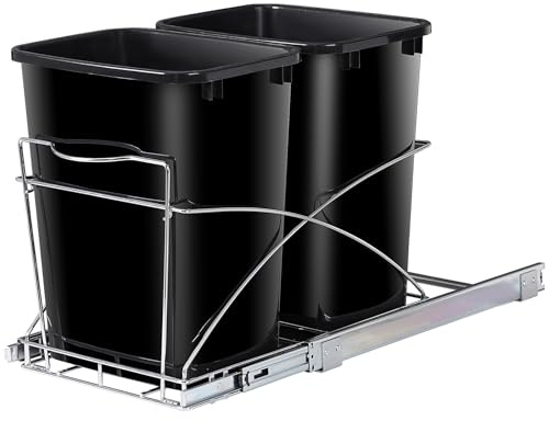 SUPER DEAL Double 35-Quart Pull Out Trash Can Under Cabinets Under Sink Garbage Sliding Waste Bin Container Recycling Bins with Chrome Wire Bottom Mount 44 lbs Load Capacity, Black