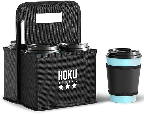 Hoku Global Portable Reusable Drink Carrier with Coffee Cup Sleeve - Insulated 4 Cup Holder Caddy - Sturdy Handle for Delivery Take Outs - Organizer Tote Bag for Hot Cold Drinks