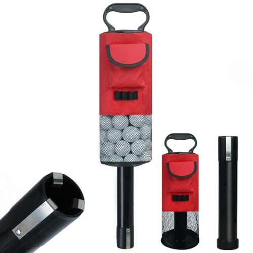 HOW TRUE Borsa portatile per raccogliere palline da golf, con tubo in plastica rimovibile, custodia tascabile, colore rosso