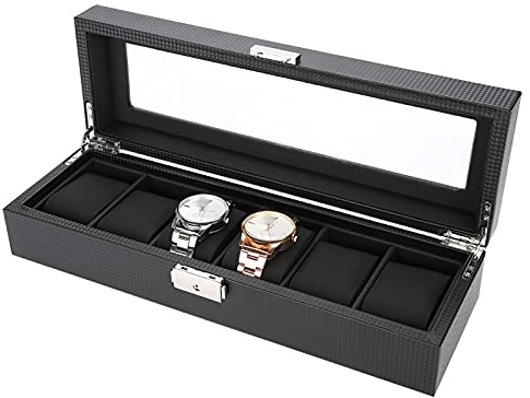Uhrenbox, Holz Uhrenvitrin Schmuckkästchen Uhrenkasten 6 Gitter PU Carbonfaser Leder Uhrenhalter Armbanduhr Vitrine Schmuck Geschenk Aufbewahrungsbox Uhrenaufbewahrungsbox Watch Box mit Echtglass