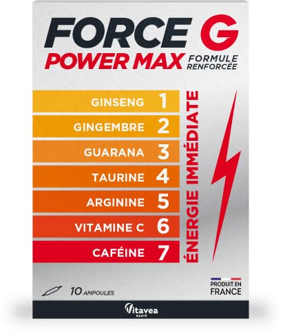 Vitavea Santé - Force G Power Max - Ginseng Guarana - Cure 10 jours | Anti-fatigue & Protection Cellulaire - Vivacité Mentale - 7 actifs - Vitamine C, Caféine - Ampoules - Fabriqué en France