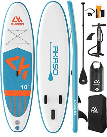 AKASO Aufblasbares Stand Up Paddleboard, Yoga Board, Schwimmendes Paddel mit kostenlosem Premium SUP Zubehör & Rucksack, rutschfestes Deck Bonus wasserdichte Tasche, Leine, Paddel und Handpumpe