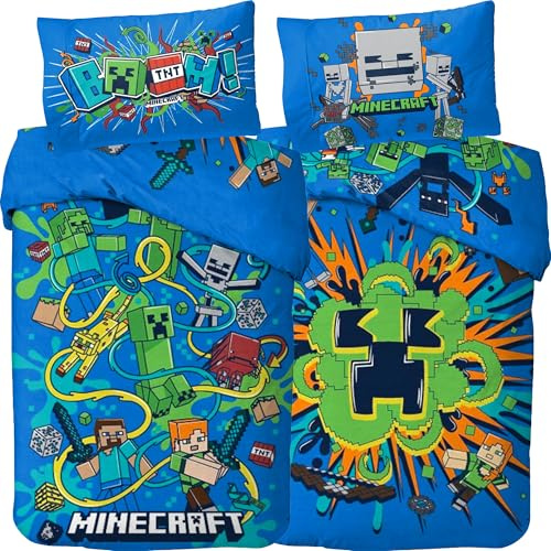 Minecraft Wende-Bettwäsche Slurp/Blast 135 x 200 cm + 80 x 80 cm 100% Baumwolle Renforcé-Qualität Kinderbettwäsche TNT Creeper Enderman Crafting Zombie Enderdrache Skelett 2 Motive Reißverschluss