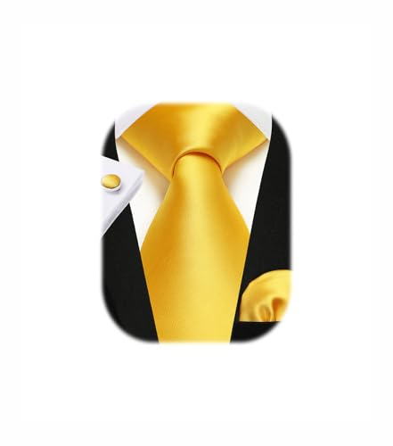 Enlision Gelb Krawatte Herren Seide Hochzeit Krawatten und Einstecktuch mit Manschettenknöpfe Set Elegant Einfarbig Seidenkrawatte mit Taschentuch Business Party