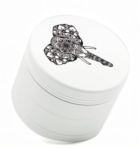 Lifebloom Premium Keramik Grinder Crusher Haftfrei Elefant Mosaik | Nano Keramik beschichtete Kräutermühle | Ø 63 mm | 4-Teilig | inkl. Pollenschaber und Pinsel I Non Stick Material (weiß)