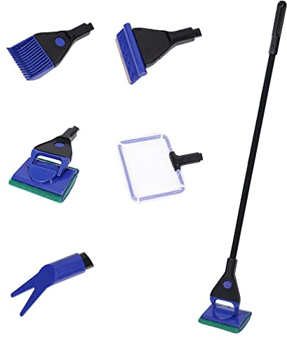 5 in 1 Fish Tank Cleaning Kit, Aquarium Cleaning Tools with Fish Net, Sponge Brush, Gravel Rake, Algae Scraper, Plant Fork(Blue)