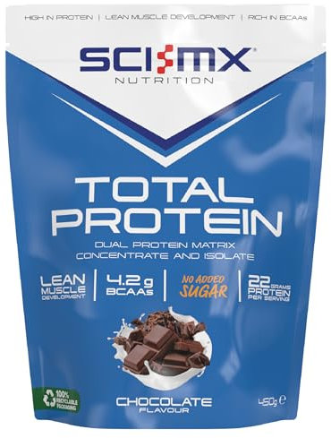 SCI-MX Total Protein - Concentrate & Isolate Powder - Lean Muscle Development - Chocolate • No Added Sugar • 4.2g BCAAs + 22g Protein per Serving • 450g