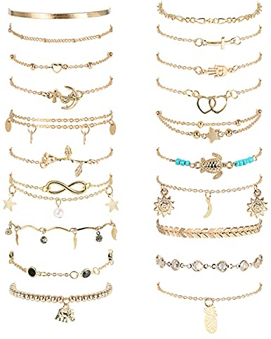20Pcs Ankle Bracelets for Women Adjustable Silver Women's Anklets - Waterproof Anklets for Women Dainty Layered Ankle Bracelets Star Heart Anklet Gold Anklet Set Summer Waterproof Jewellery Golden