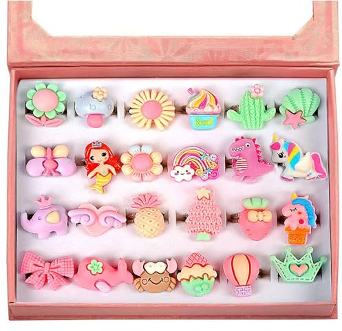 OSDUE 24 Pièces Bagues pour Fille, Réglables Sans Duplication pour Cadeau | Anneaux Princesse Ensemble Bagues Bijoux Pretend Play Dress up Rings avec Boîte Rose Cadeau à une Petite Fille