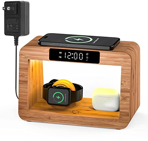 HQOBZX Drahtlose Handy-Ladestation aus Bambus mit digitalem Wecker und Nachtlicht, Schnellladestation, kompatibel mit iPhone/iWatch/AirPods