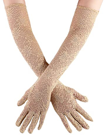 Wambere Damen Vintage Spitzen Brauthandschuhe Lange Spitzen Handschuhe für Hochzeit Oper Damen Accessoires,Damen Halb Transparent Tüll Braut Handschuhe,Lang für Hochzeit Abend 50cm,Beige